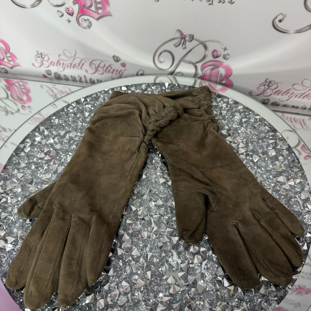 Holt renfrew gloves mittens taupe brown grey nude leather silk cinched sides 7 - Picture 8 of 16